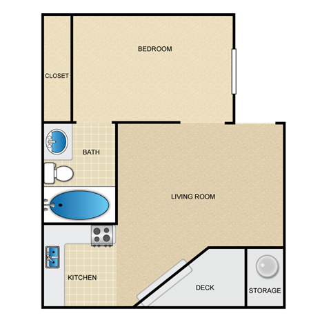 A floor plan of a small apartment with a bedroom, living room, kitchen, and bathroom.